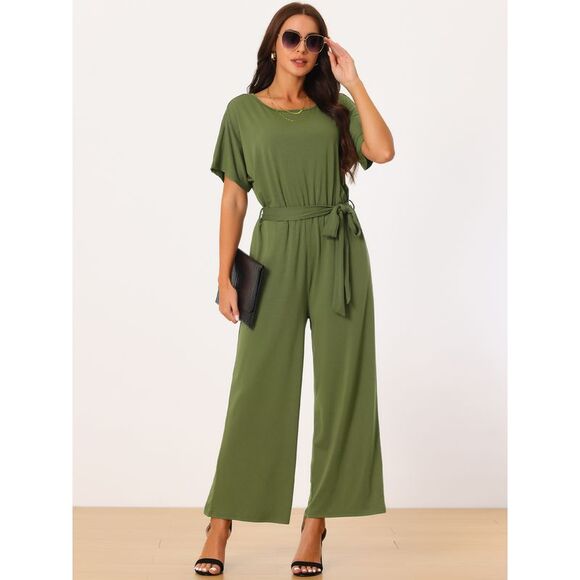 Belted High Waist Wide Leg Casual Dressy Jumpsuits Army Green - Picture 3 of 6
